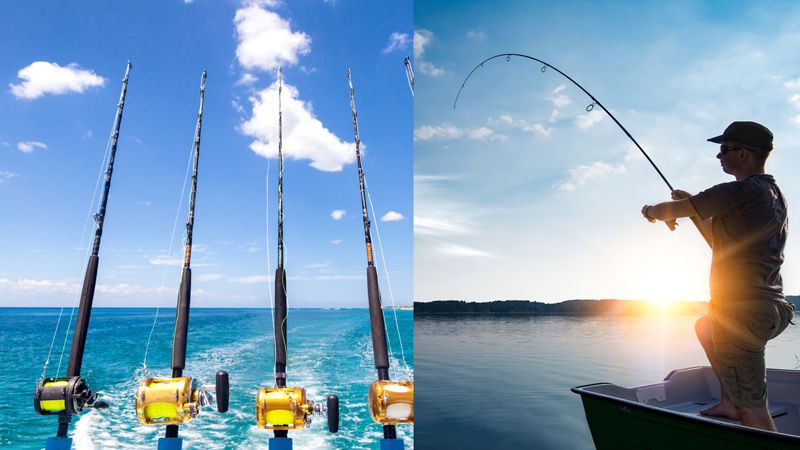 Fire havfiskestenger montert på en båt og en fisker i solnedgang.